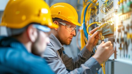 electrician and engineer work on an electrical circuit with many cables for communication and data t