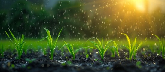 Poster - Vibrant close up of lush green grass with rain droplets in nature's beauty