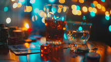 Intimate Poker Game Night Setting With Vibrant Bokeh Lights. Cards And Dice On Table. Casual Entertainment. Atmospheric Ambience