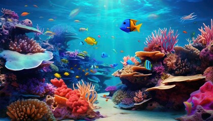 Wall Mural - Fish in the water, coral reef, underwater life, various fish and exotic coral reefs