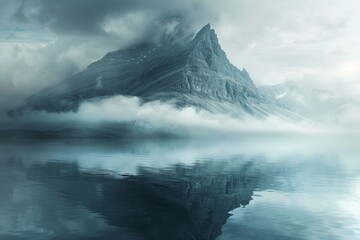 Wall Mural - Majestic mountain peak enveloped by mist over a mirror-like lake, evoking a sense of mystery and exploration, Concept of nature, adventure, and tranquility
