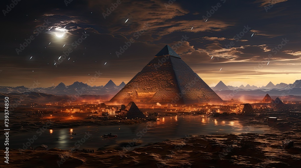 Egyptian pyramids and UFO, futuristic illustration Stock Photo | Adobe ...