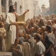a painting of jesus giving bread to a crowd of people,generated bi AI