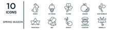 Spring Season Outline Icon Set Such As Thin Line Bunny, Clover, Soap Bubbles, Bee, Fountain, Umbrella, Paper Boat Icons For Report, Presentation, Diagram, Web Design