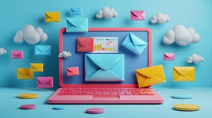 Wall Mural - 3d render of laptop with flying envelopes and letter, illustrating the concept of email marketing.
