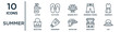 summer outline icon set such as thin line lotion, banana split, sundress, sunscreen, beach bar, hat, beach bag icons for report, presentation, diagram, web design