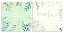 Easter Eggs And Plants On A Light Background. Two Cards On A Light Yellow And Green Background. Happy Easter. Template For Greeting Card. Vector Illustration.