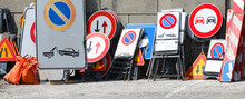 warehouse of the many road signs used by the construction company also with the no parking road sign