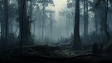 Fototapeta Las - A realistic digital rendering of a misty forest enveloped in morning fog, with towering trees and an enchanting atmosphere, offering a mysterious and immersive background