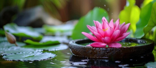 Canvas Print - Beautiful pink flower gracefully floating on serene pond water surface