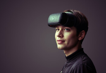 Wall Mural - A man wearing a black turtle neck and a black VR headset.