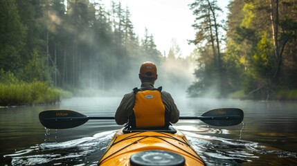 Person kayaking in misty river at dawn, view from back