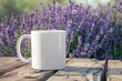 a white color 11oz  blank cup the background a lavander garden