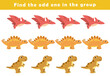 Find the odd one out for toddlers. Spot the difference for kids. Educational quiz worksheet with cute dino illustration. Logical activity for children.