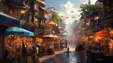 Fototapeta Boho - A realistic digital representation of a bustling street market with vendors, colorful umbrellas, and a lively atmosphere, creating a vibrant and culturally rich background