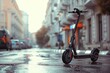 Photorealistic depiction of an electric scooter in the urban landscape, standing on the city street