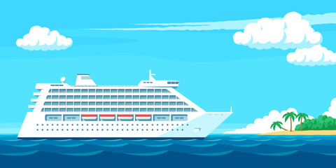 Wall Mural - White cruise ship traveling on the blue sea. Vector illustration