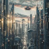 Fototapeta Konie - A futuristic cityscape with towering skyscrapers and flying cars