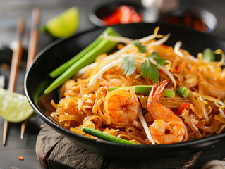 Wall Mural -  pad thai with scrimps and noodles on dark background