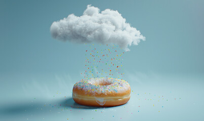 doughnut with cloud raining colorful sprinkles. party concept