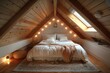 The cozy attic bedroom is adorned with warm lights on the wall, casting a comforting glow over the plush bedding and rustic wood beam ceiling