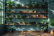 A charming indoor garden graces a sunny window shelf with lush houseplants and vibrant flowers blooming in delicate vases and pots