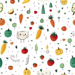 A pattern on a white background of images of food, fruits, vegetables, cakes, ice cream, dishes, made in the style of a children's drawing. Design for printing on paper, fabric, packaging. Decor of ch