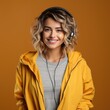 © Fanni Art - Portrait photo of nice cute sweet lovely lovable attractive adorable charming cheerful glad young woman isolated over colorful background wall with headphones Generative AI