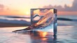 © Nastya - water in a glass cube at ocean sunset , concept of Glassmorphism