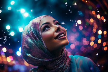 Wall Mural - Digital generative ai collage image of charming muslim girl look on festive illuminated party