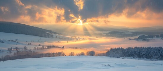 Wall Mural - Breathtaking snowy landscape at sunset with vibrant colors and serene atmosphere