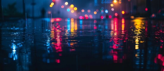 Sticker - Vibrant city street with captivating lights reflecting in the shimmering water