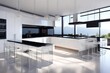 Elegant, white kitchen with black countertop and transparent chairs