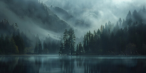 landscape of a river forest and mountain in a rainy weather surreal forest lake with mountains green