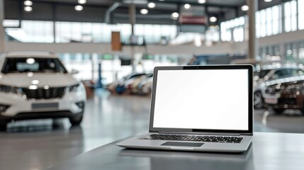 Laptop with blank white screen on table, with background in modern car showroom