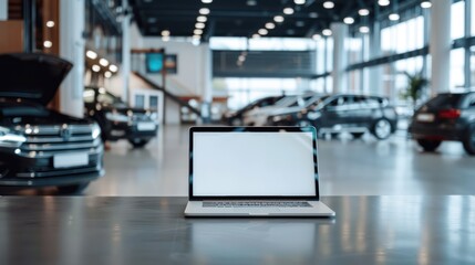 Wall Mural - Laptop with blank white screen on table, with background in modern car showroom