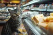 © Pter - a grey tabby cat goes shopping and buys cheese at the cheese counter in the supermarket