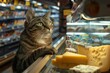© Pter - a grey tabby cat goes shopping and buys cheese at the cheese counter in the supermarket