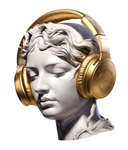 Goddess Listens To Music In Golden Headset, Isolated On White Or Transparent Background, Png