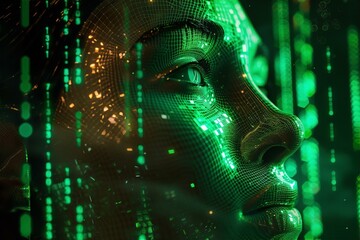 matrix human face 3d neon binary code random