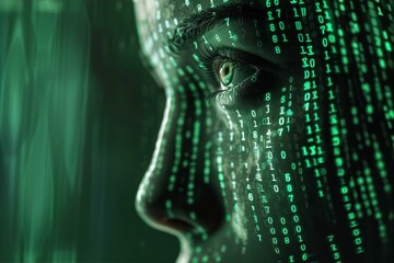 matrix human face 3d neon binary code random