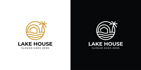 Wall Mural - Creative Lake House Logo. River House with Linear Outline Style Icon Symbol Vector Design Template.