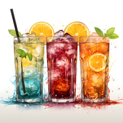 Wall Mural - copy space. isolated. white background. cocktails on a bar counter. beverage, non-alcoholic, alcoholic. Colorful cocktails. Slice of lemon or lime. Fruit juice. Cocktail. Straw