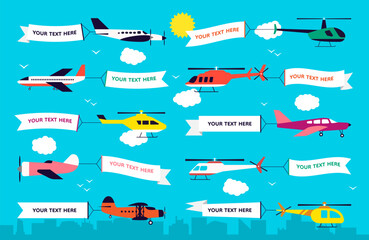 Plane with banner. Flying flag on helicopter. Advertising promotion. Ribbon in summer sky. Advertisement Pennant showing from airplane. Travel news in clouds. Vector flat posters set