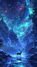 Enchanted Reindeer Crossing A Floating River In The Sky Surrounded By Floating Islands And Aurora Lights