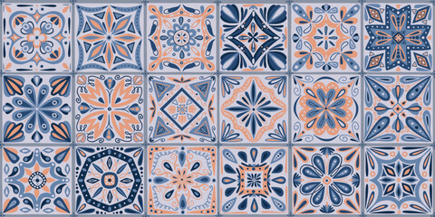 Naklejka na meble Patchwork tile. Portuguese seamless pattern or spanish bohemian flowers, vintage colorful ethnic decoration. Decor textile, wrapping paper, wallpaper design. Vector background design