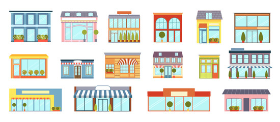 Store buildings. Shop front. Business storefront for small retail or restaurant. Street windows of grocery market. Trees and awnings. Commercial architecture. Vector houses design set