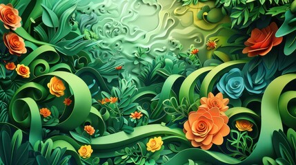 3D papercuts of surrealist cartoons depicting vibrant spring landscapes with swirling vortexes and minimalist elements