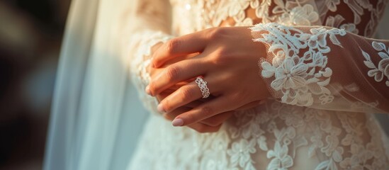 Wall Mural - Elegant bride in beautiful bridal gown holding her wedding ring - classic wedding concept