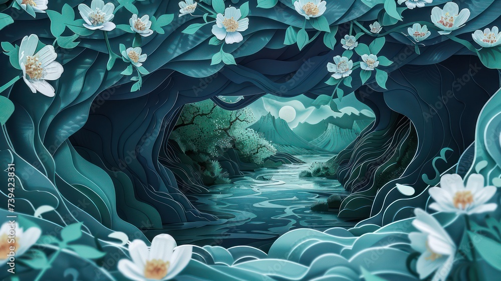 Surrealist Spring 3D papercuts of surrealist cartoons depicting vibrant spring landscapes ...
